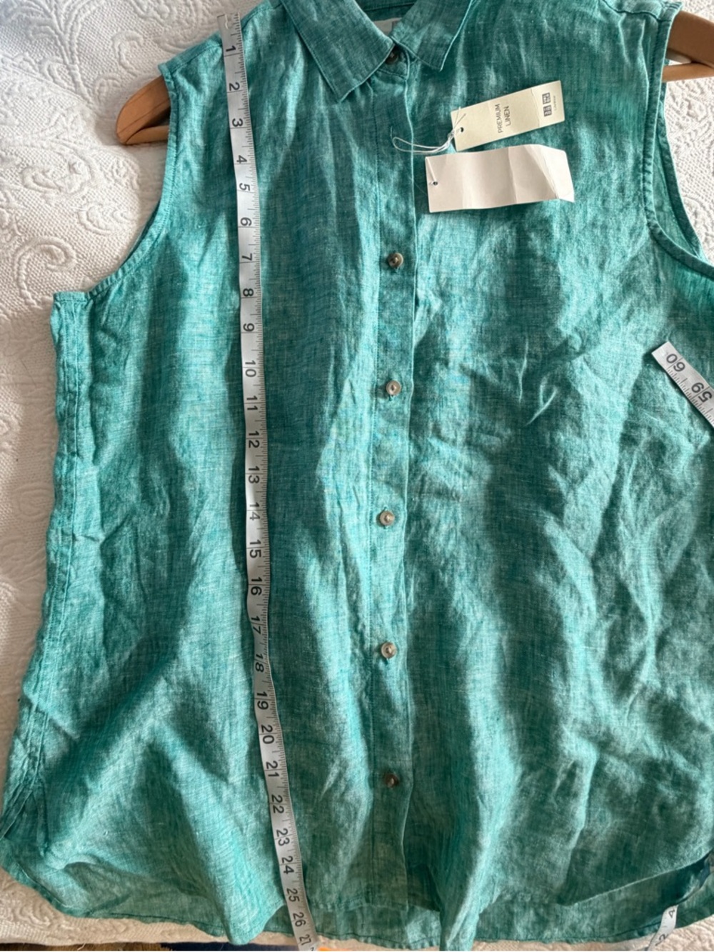 New Uniqlo Teal Sleeveless Button-Down Linen Shirt - Picture 8 of 8